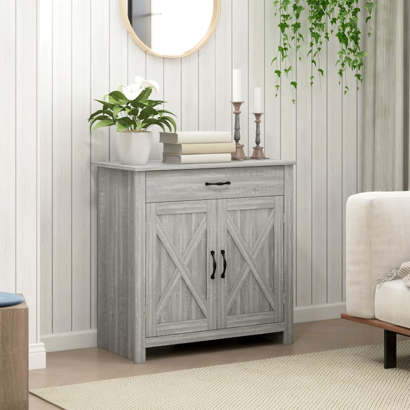 Farmhouse Sideboard Buffet Cabinet, Barn Door Coffee Bar Cabinet with Drawer and Adjustable Shelf, Kitchen Cabinet - Stone Gray