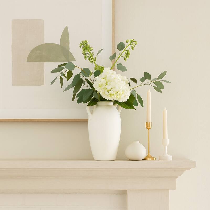 Neutral Ceramic Textured Amphora Jug with Handles Vase - White