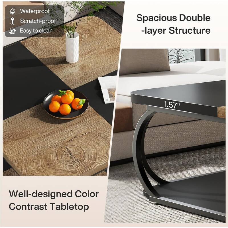 39" Large Square Wood Coffee Table, 2 Tier Tea Table with Storage Shelf, Center Table for Living Room & Home Office