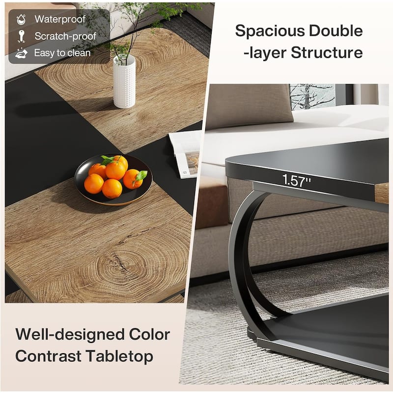 40" Square 2-Tier Coffee Table, Farmhouse Table with Wood Storage Shelf for Modern Living Room