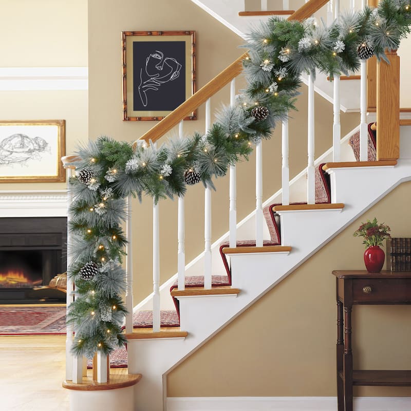 Puleo International 9' x 10" Pre-Lit Battery-Operated Flocked Garland - Green