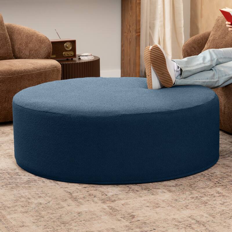 Jaxx Candler Round Couch Ottoman Large Coffee Table & Foot Rest, 44-Inch - Boucle Navy