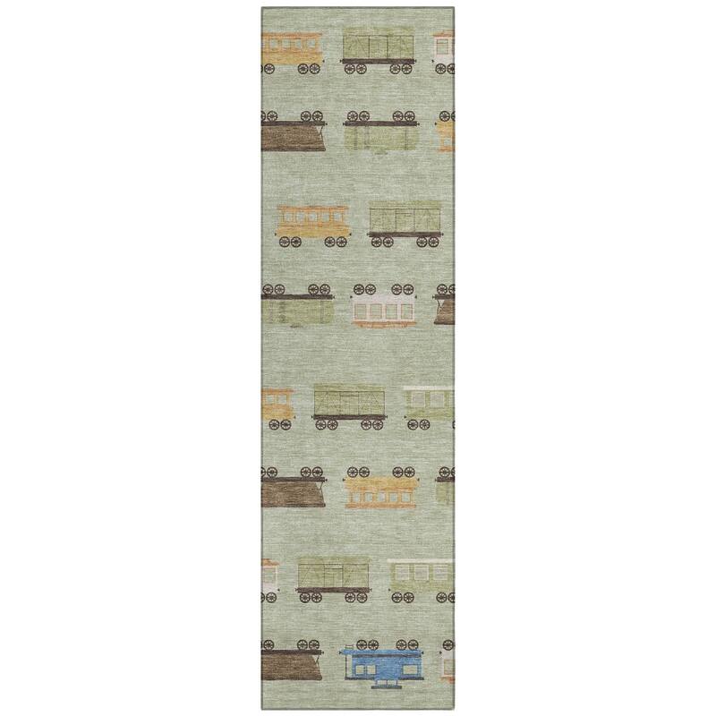 Machine Washable Indoor/ Outdoor Modern Train Chantille Rug