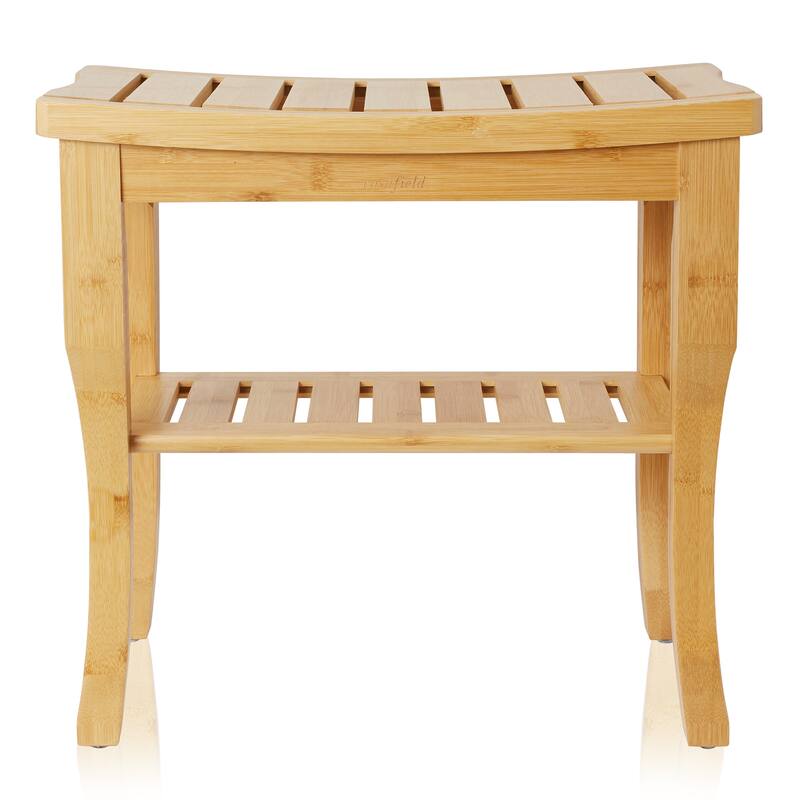 Bamboo Shower Bench w Storage Shelf 2Tier Bathroom Spa Stool Seat - Medium