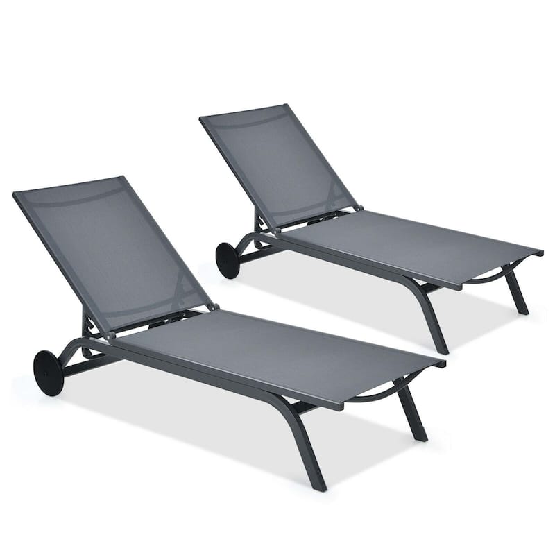 2PCS Outdoor Lounge Chair Chaise Recliner Aluminum Fabric Adjustable - Grey
