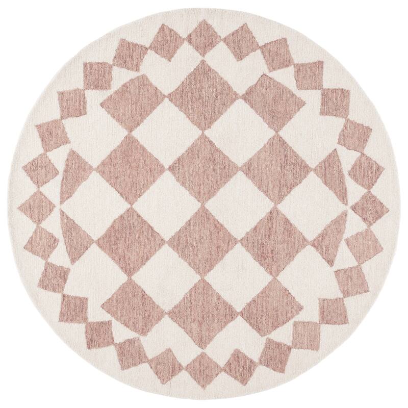 SAFAVIEH Handmade Ebony Sezen Checkered Wool Rug - 6' Round - Pink/Ivory