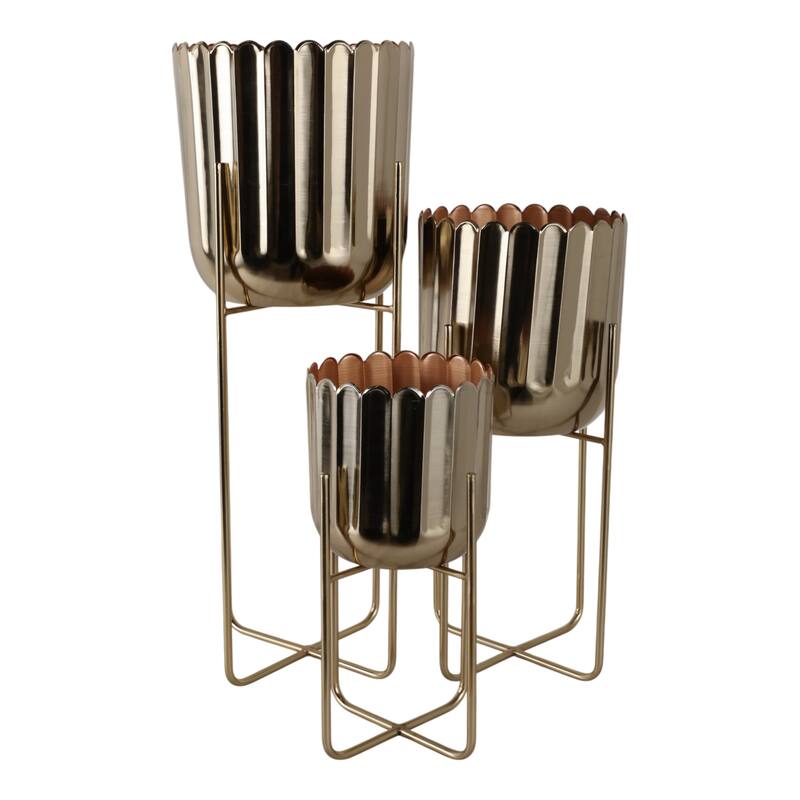 Metal Planter on Stand Scalloped Finish (Set of 3) - 7", 9", 10" Gold - 9.75" x 9.75" x 27"