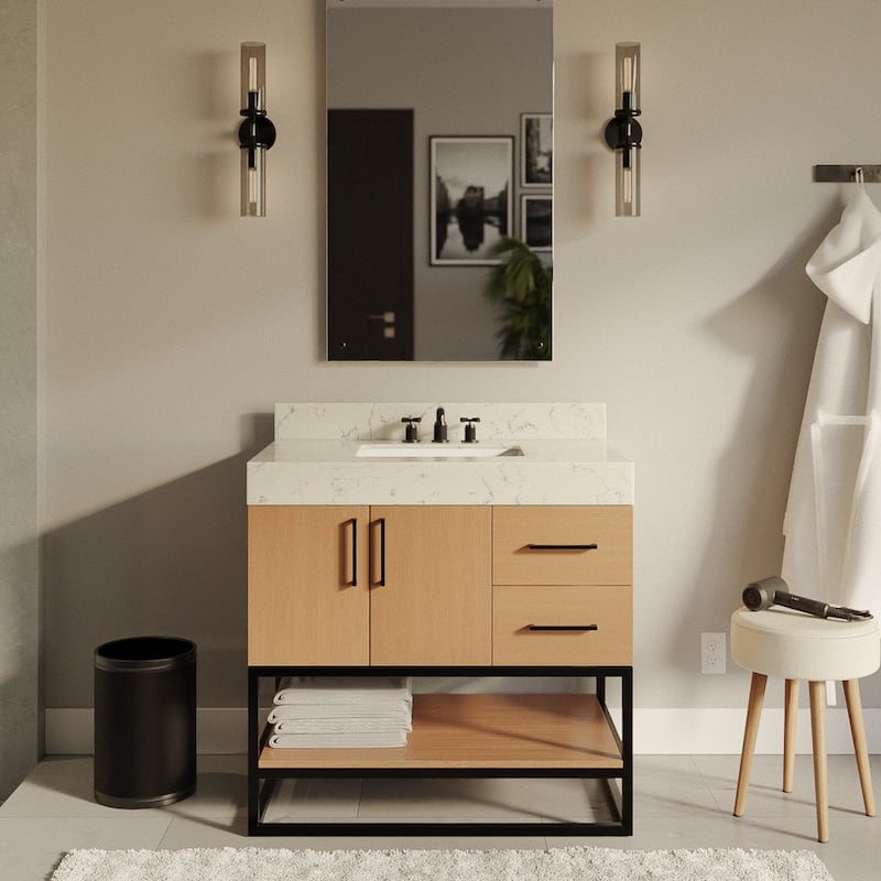 KitchenBathCollection Ellis 36" Bathroom Vanity with Engineered Marble Top - Blonde