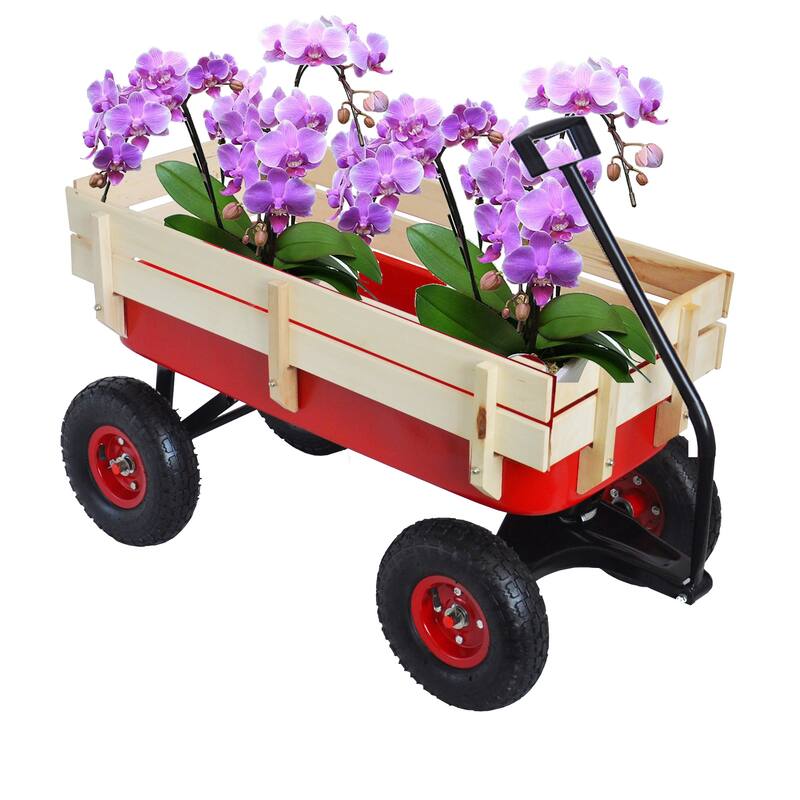 All-Terrain Yard Cart - Adjustable Handle, Large Capacity, Steel and Wood Construction with 180° Steering - Metal