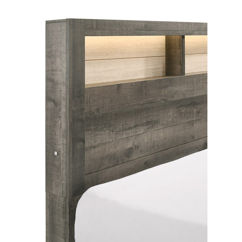 Queen Size Platform Storage Bed with Built-in Lighting, Modern Farmhouse Style, Gray Beige