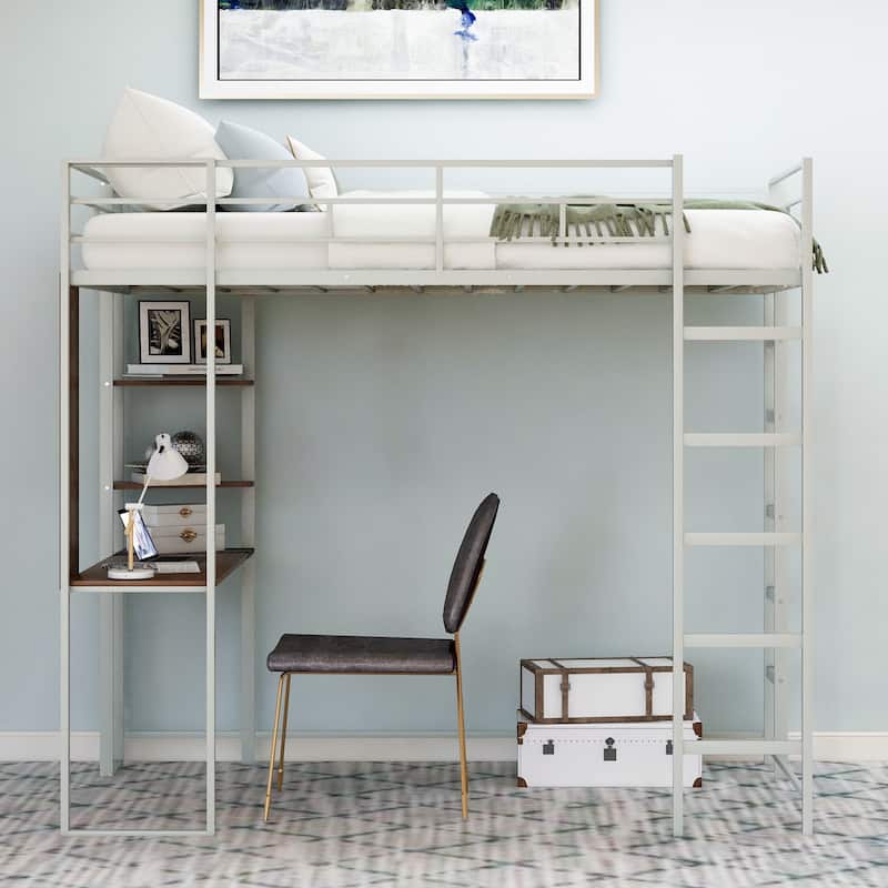 Twin Size Metal Loft Bed with Wood Desk and Shelves