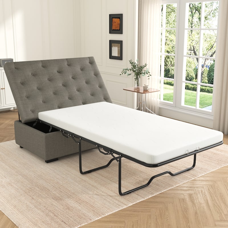 Tufted Sleeper Couch Settee, Ottoman with Folding Sofa Bed, Convertible Ottoman Sleeper with Memory Mattress
