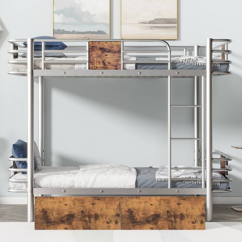 Industrial Modern Twin XL Bunk Bed with MDF Guardrails, Metal Frame, and 2 Storage Drawers - Sturdy and Stylish