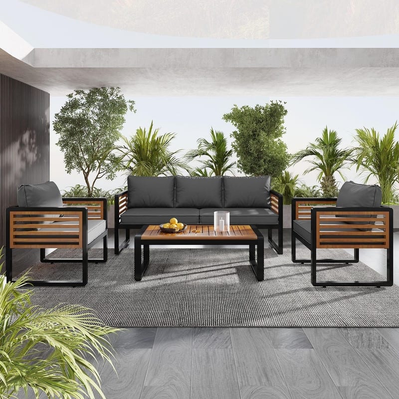 5-Person Outdoor Conversation Set with Removable Cushions and Stylish Metal Frame and Acacia Wood - Black/Grey