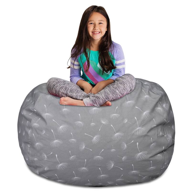 Kids Bean Bag Chair Cover Stuffed Animal Storage or Toy Organizer - 48 Inch Extra Large - Canvas White Dandelions on Gray