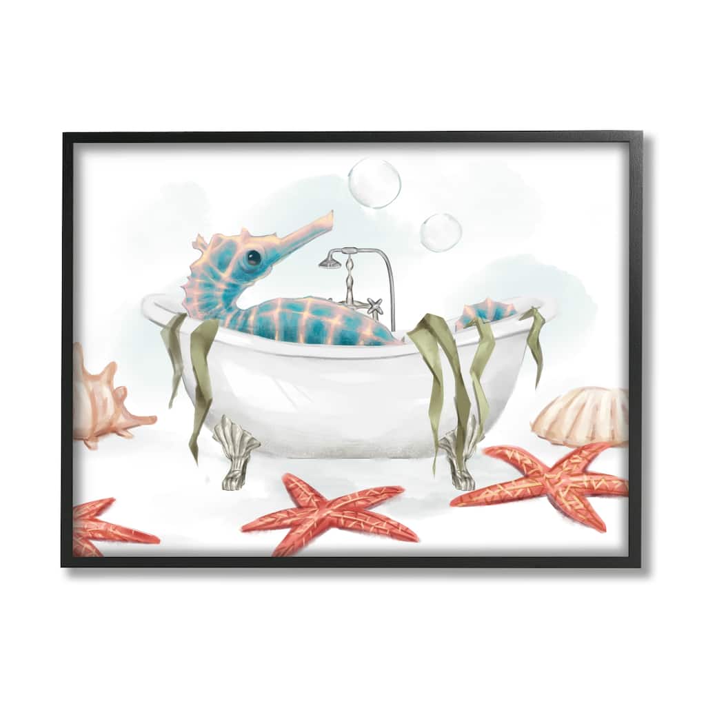 Stupell Seahorse Resting Nautical Bath Tub Starfish Bubbles Framed Wall Art