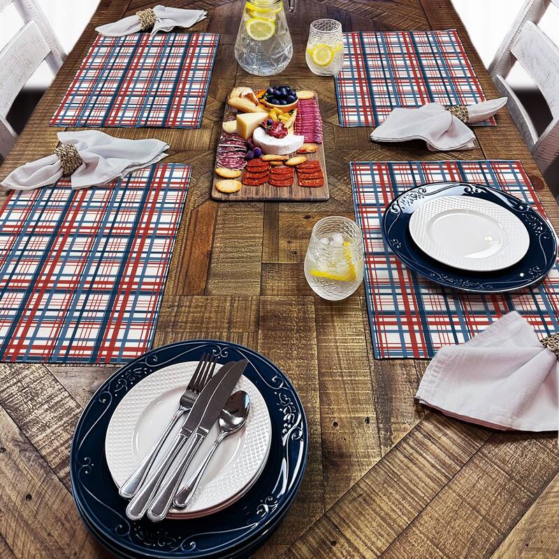 Patriotic Plaid 4-Pack Poly-Cotton Blend Placemats Manufactured in The USA Machine Washable Dryer Safe