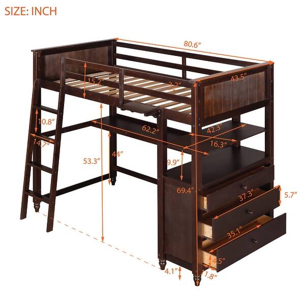 dimension image slide 1 of 3, Twin Loft Bed wDesk, Side Cabinet, Drawers, Shelves, Ladder, Guardrail