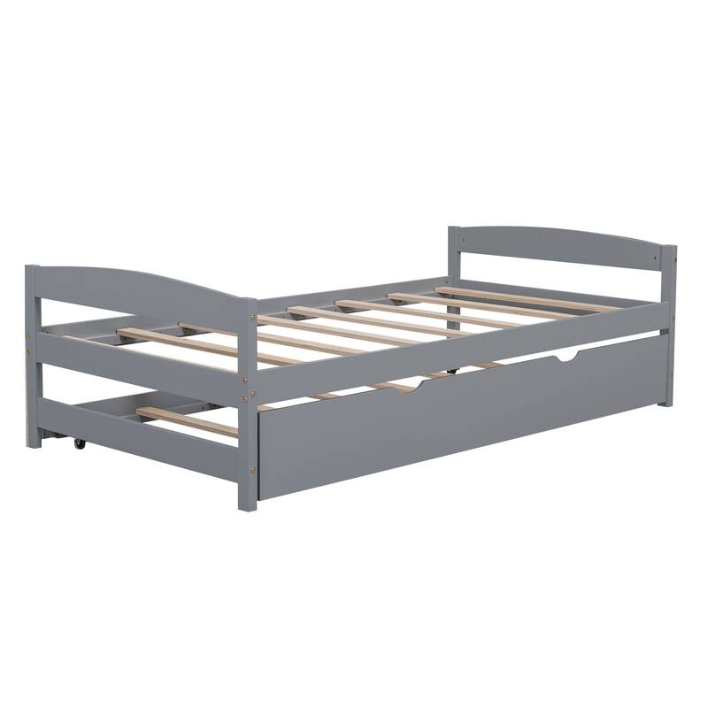 Gray Twin Size Platform Bed with Trundle, Space-Saving Design