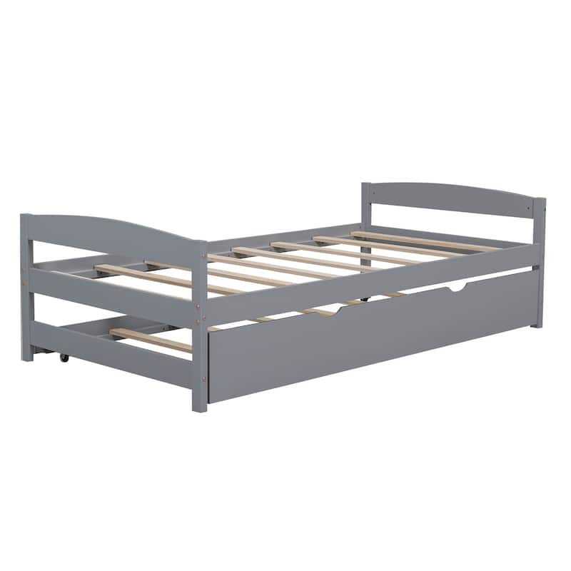 Solid Pine Twin Platform Bed with Trundle Bed, Twin Size Wooden Platform Bed Frame with Headboard and Footboard