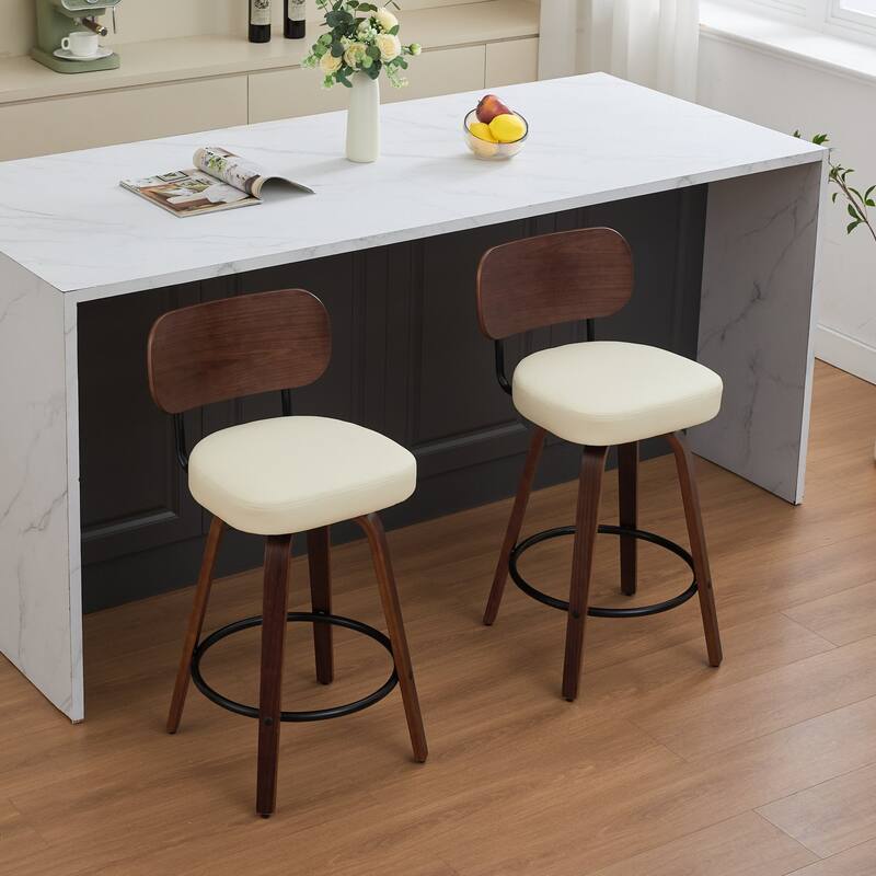 360° Swivel Bar Stools Set of 2 Faux Leather Counter Height Barstools with Walnut Back, Bentwood Legs and Metal Footrest