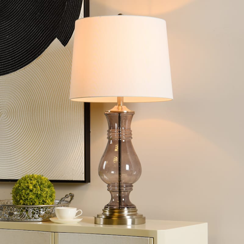 Smoked Grey Seeded Glass Table Lamp - Off-White Shade