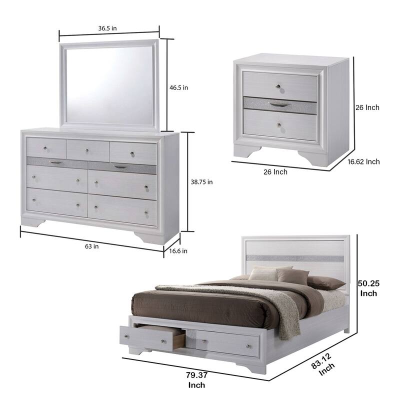 Crissi 4 Pc King Bedroom Set, Panel Design, Silver Accents, White