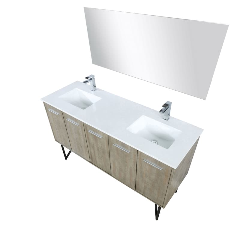 Lancy 60 in W x 20 in D Rustic Acacia Double Bath Vanity, White Quartz Top, Brushed Nickel Faucet Set and 55 in Mirror