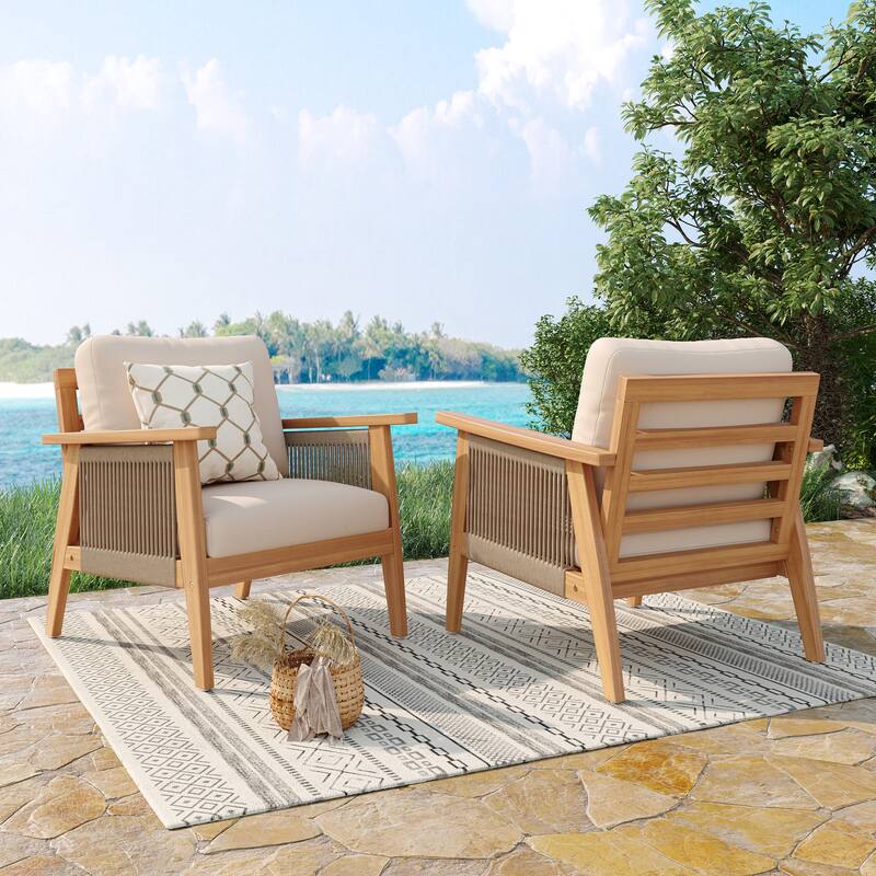 Christopher Knight Home - Maxwell Outdoor Acacia Wood and Rope Patio Chair Set - set of 2 - Teak Finish+Beige Cushion