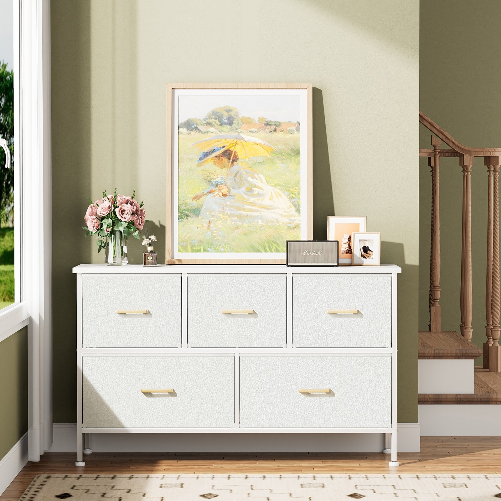 White Dresser for Bedroom with 5 Drawers Living Room TV Stand Chest of Drawers with Sturdy Steel Frame Leather Finish Wood Top