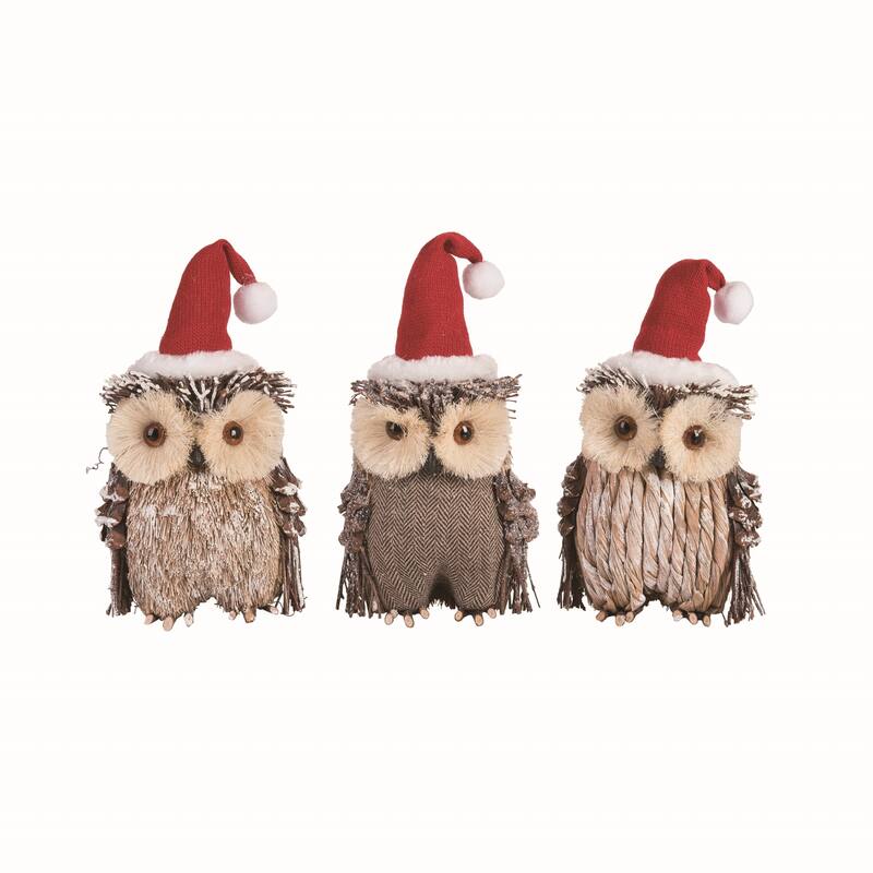 Transpac Sisal Owl w/Santa Hat Set of 3 Christmas Home Decorations