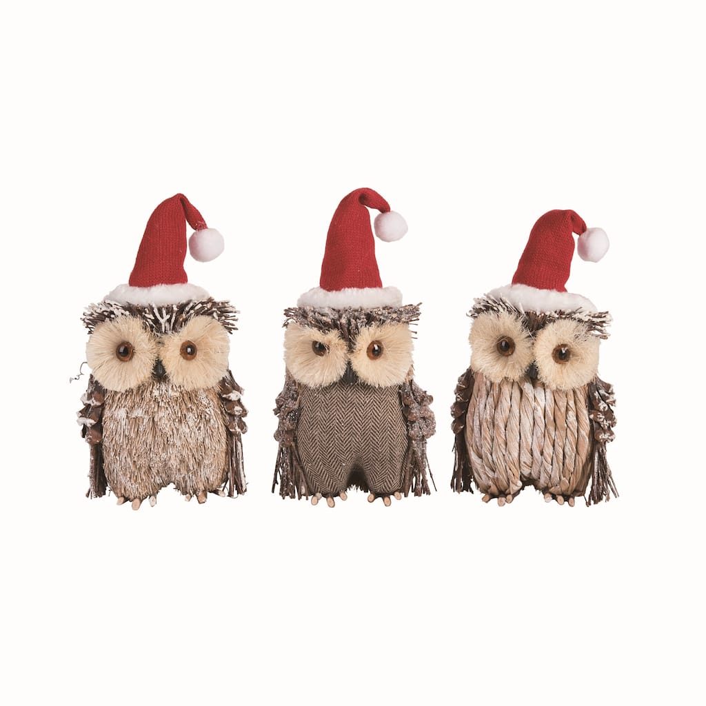 Transpac Sisal Owl w/Santa Hat Set of 3 Christmas Home Decorations