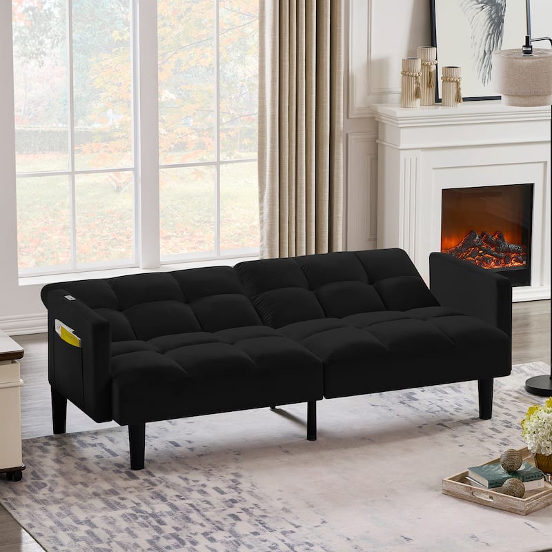 Roomfitters Velvet Futon Couch Convertible Folding Sofa Bed Tufted Couch for Apartment