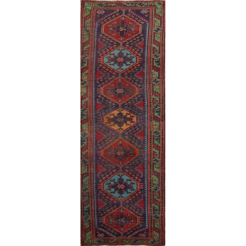 Hand Knotted Oriental 100% Wool Carpet Traditional Tribal Navy Blue & Blues Ardebil Runner Rug - 10' 0'' X 3' 2''