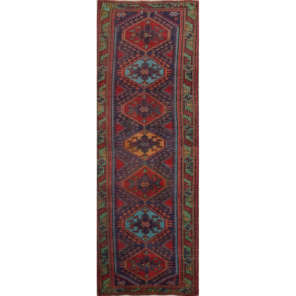 Hand Knotted Oriental 100% Wool Carpet Traditional Tribal Navy Blue & Blues Ardebil Runner Rug - 10' 0'' X 3' 2''