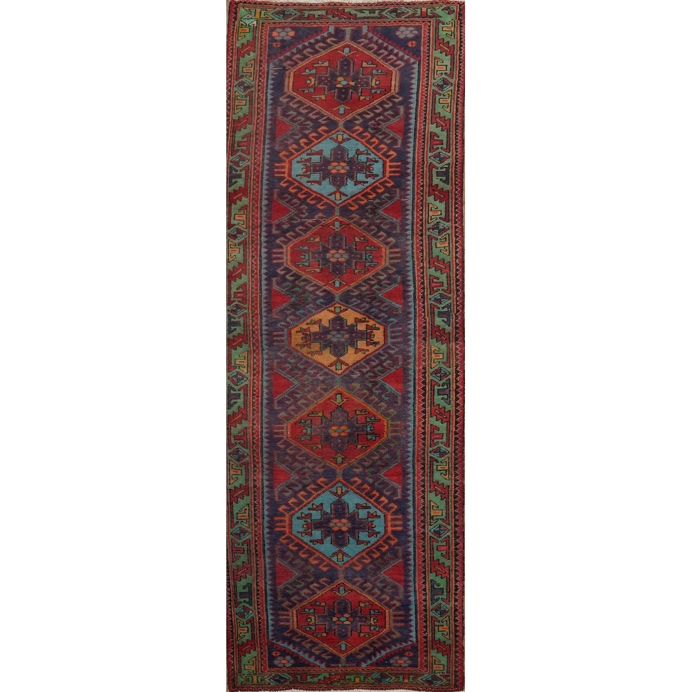 Hand Knotted Oriental 100% Wool Carpet Traditional Tribal Navy Blue & Blues Ardebil Runner Rug - 10' 0'' X 3' 2''