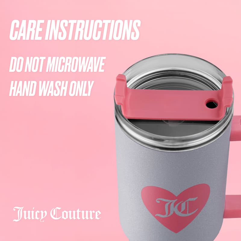 Juicy Couture Jetsetter Hydration Stainless Steel Tumbler with Handle and Straw With Topper