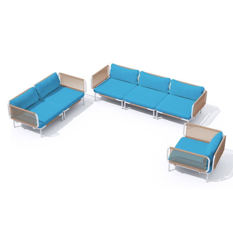 Outdoor Patio Sectional Sofa Conversation Set Cushioned Free Combination Customizable Set - 6-Seater with 12 arms - Blue