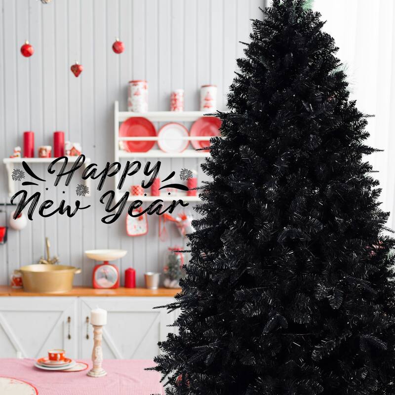 8ft Black Christmas Tree with 600 White LED Lights,2486 Tips PE+PVC Artificial Tree for Halloween&Holiday Decor
