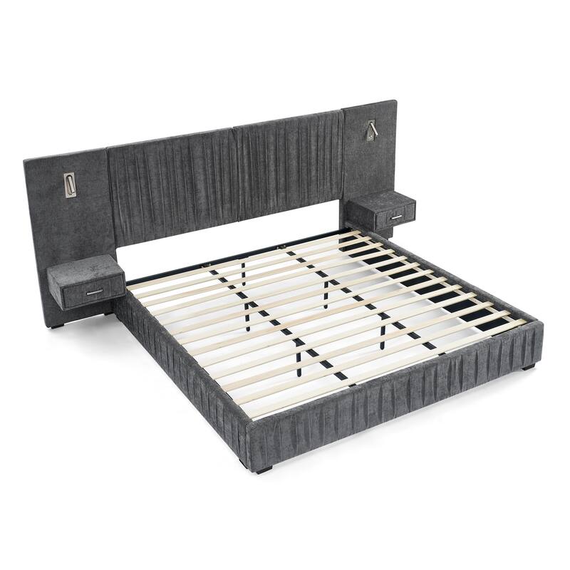 King Size Upholstered Platform Bed with Headboard, Bedside Table, and Adjustable Lamps in Dark Grey