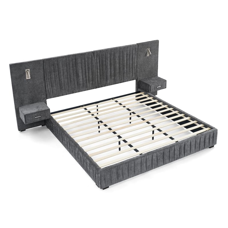 Pleating Upholstered Bed Platform Bed Frame with Enlarged Widened Headboard and Integrated Bedside Table Adjustable Bedside Lamp