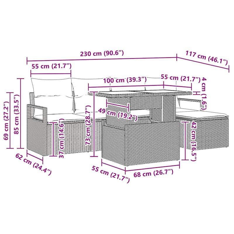 vidaXL 6 Piece Garden Sofa Set with Cushions - 90.6×46.1×27.2