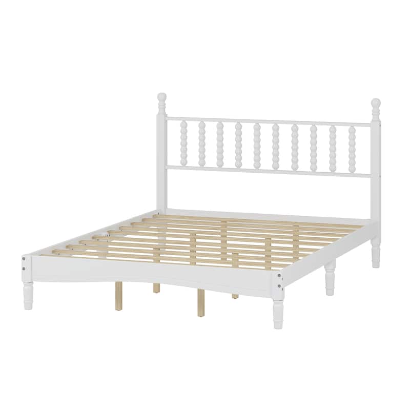 Queen Size Platform Bed Mid Century Concise Bed Frame with Wood Slats and Multi-Center Support Legs, Gourd Shaped Headboard