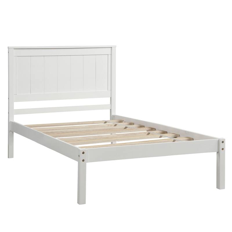 White Twin Pine Platform Bed Frame with Headboard and Storage - No Box Spring Needed