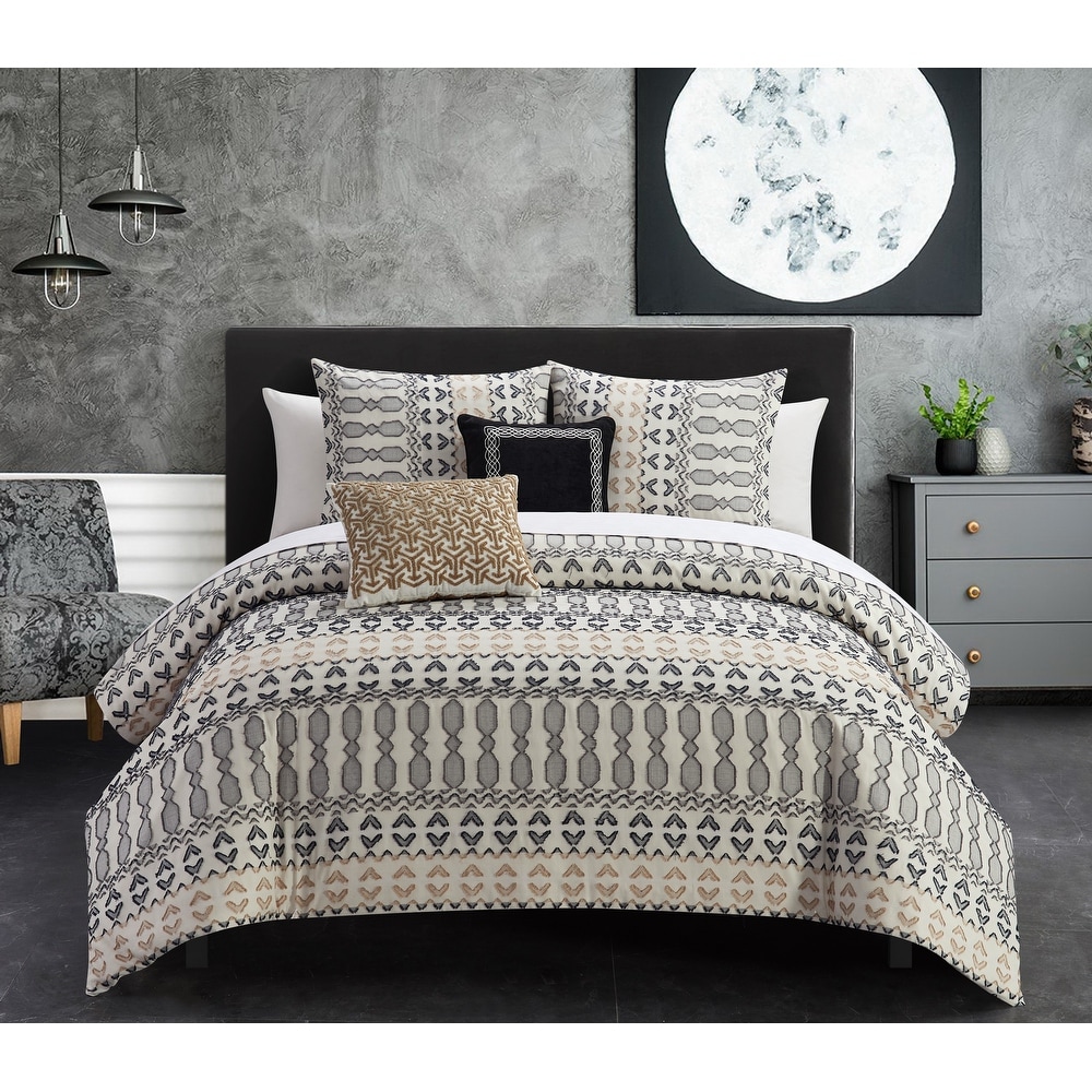 12pc Black/Ivory/Grey Pintuck Striped Comforter & Sheet Set Queen King CKing 