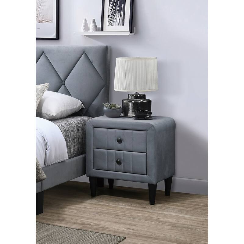 Modern Grey Velvet Nightstand with 2 Drawers and Tempered Legs - Grey