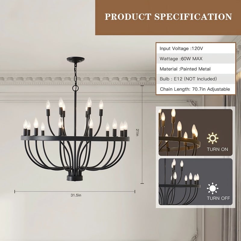 Classic Wagon Wheel Chandelier - Adjustable Rustic Ceiling Light with Matte Black Finish