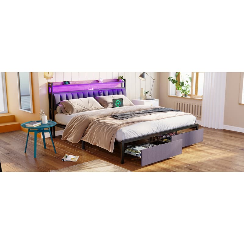 King Size LED Platform Bed Frame with Storage Headboard, USB Charging Station, and Drawers, Easy Assembly, Grey