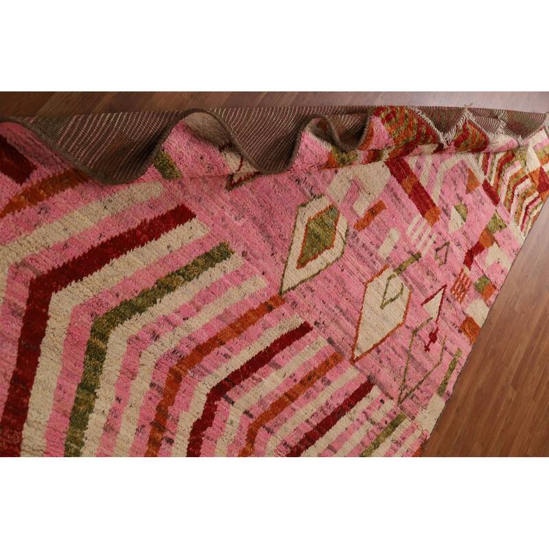 Hand Knotted Oriental 100% Wool Carpet Modern Tribal Pink Moroccan Area Rug - 9' 10'' X 6' 5''