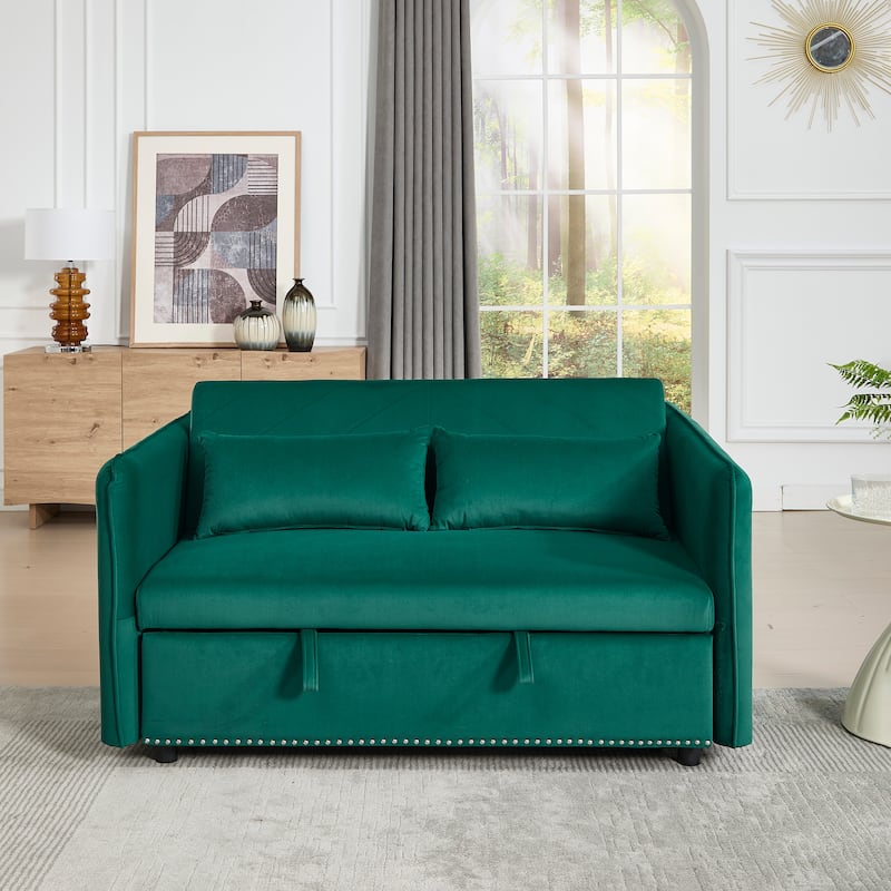 Small Convertible Sofa Bed, 55" Velvet Loveseat Couch with Pull-Out Bed, Pillows, Adjustable Backrest & Side Pockets